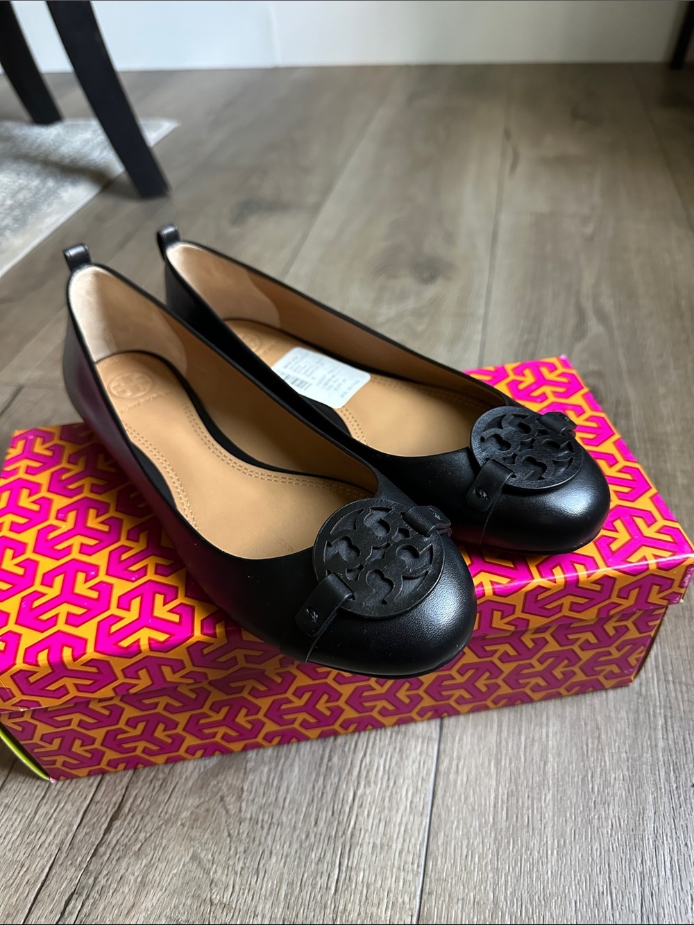 Tory Burch Black Leather Logo Ballet Flats